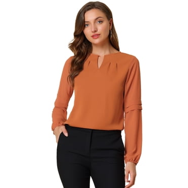 INSPIRE CHIC Blouse Élégante pour Femme de Bureau Travail à Manches Longues à Encolure Goutte d'Eau Haut Orange m