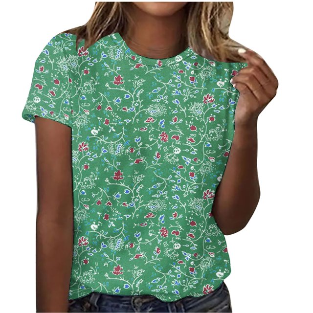 Scyoekwg Hauts pour Femmes Tendance Décontracté Col Rond T-Shirt Régulier Été Léger Imprimé Floral Graphique Tee Manches Courtes T-Shirts Confortables Blouses Amples Confortables (Vert, TG)