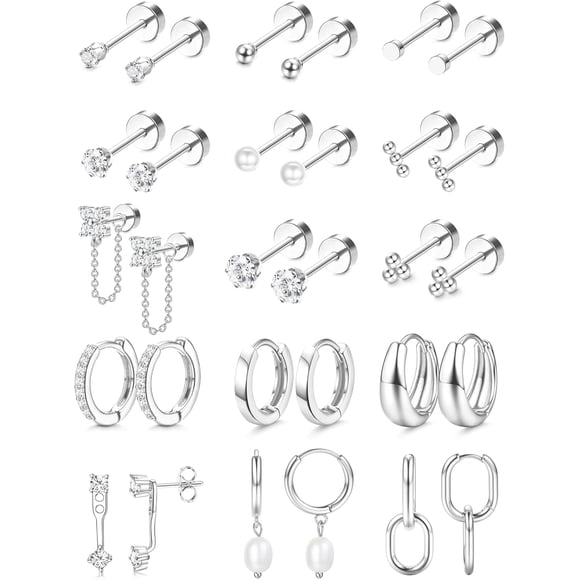 Flat Back Earrings for Women Hypoallergenic Surgical Steel Earrings for Sensitive Ears-20G Cartilage Earring Stacks 14K Gold Plated Hoops Flatback Stud Earring Sets for Multiple Piercing