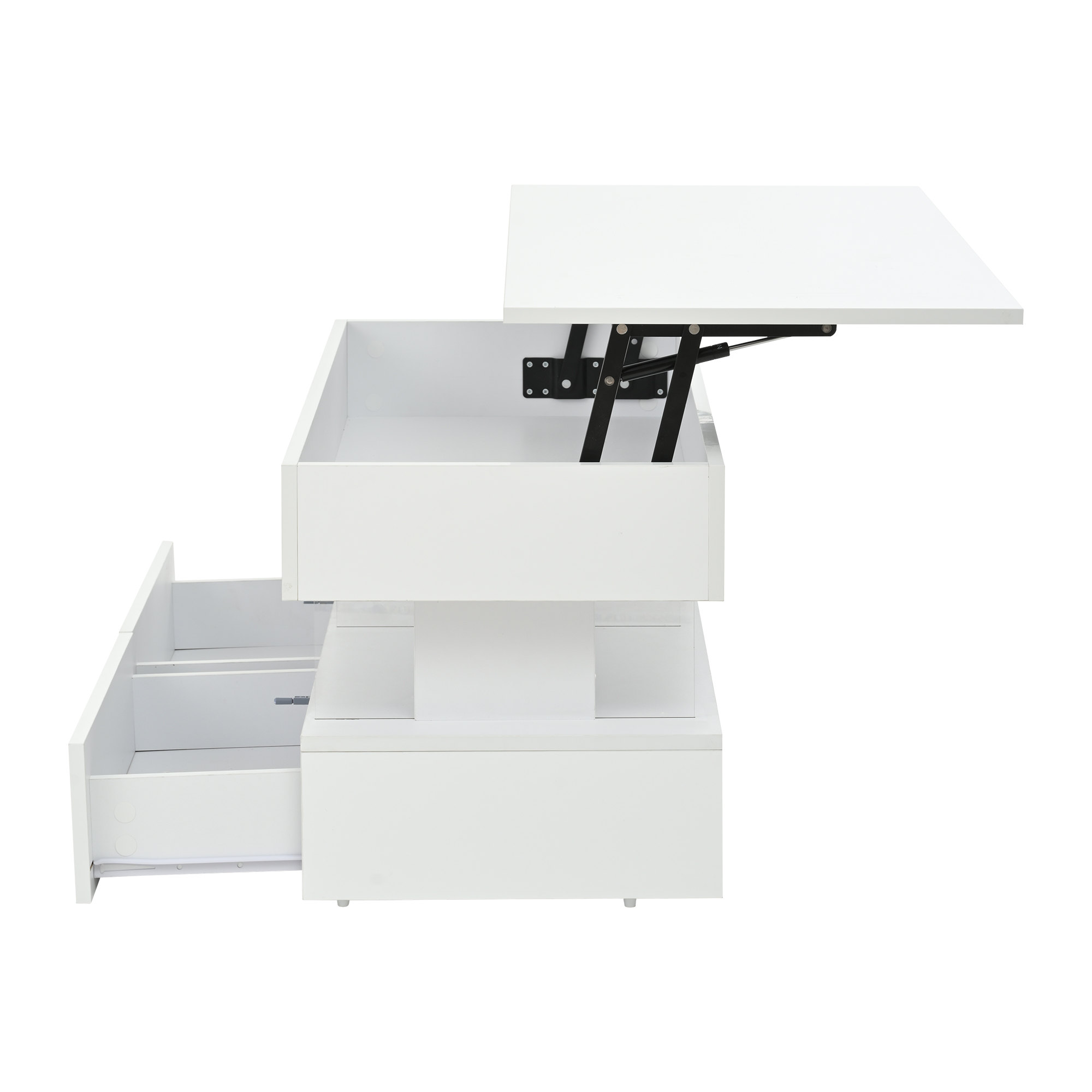 Homy Casa Table Basse Relevable avec 2 Tabourets, Rangement Blanc Brillant DEL