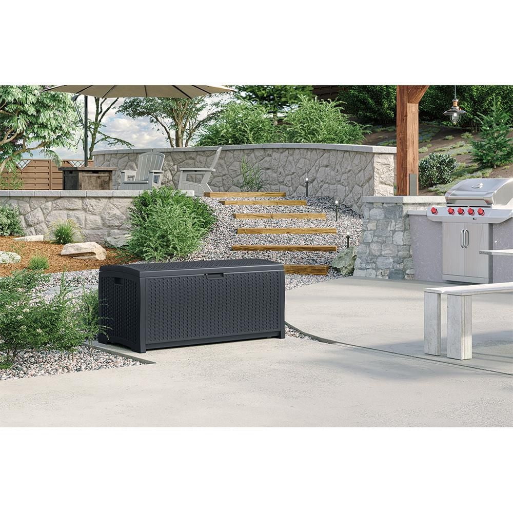 Suncast 73 gallons. Boîte de terrasse en osier en résine - Pour patio ou usage extérieur - Cyberespace