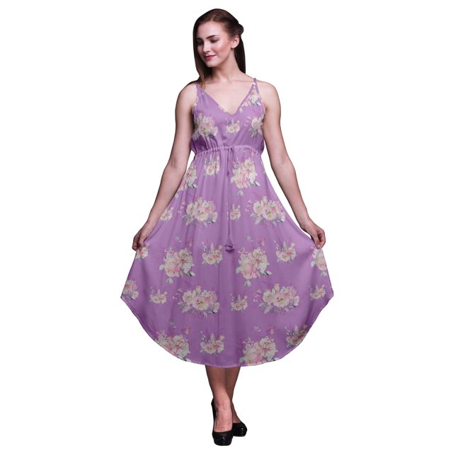 Bimba Robe Midi d'Été à Imprimé Floral pour Femme à Col en V Tenue de Villégiature de Vacances-TP