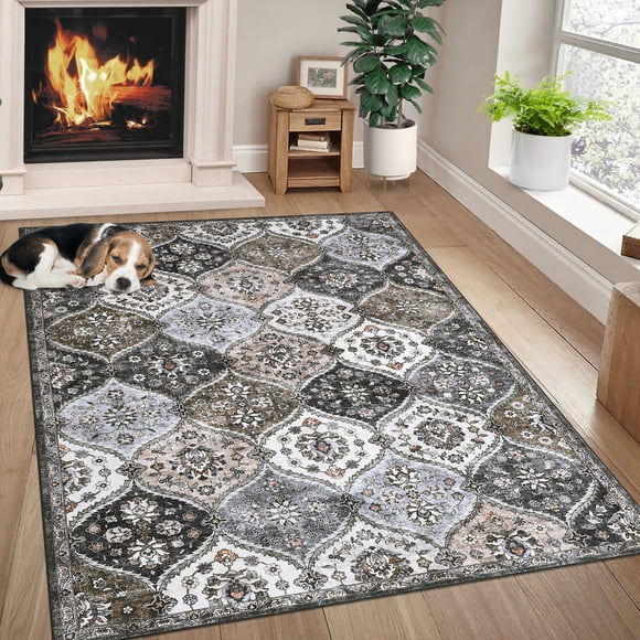 5' x 7' Washable Area Rug Moroccan Trellis Entryway Rug Doormat Stain Resistant, Non-Slip Accent Rug Vintage Medallion Distressed Floor Carpet for Front Entrance Kitchen Bathroom, Taupe/Brown