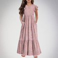 thumbnail image 3 of yoeyez Robes pour Filles Taille 7-8 Robe Fleurie en Coton à Volants à Manches Courtes pour Filles Col Ras du Cou Ample Décontractée Fluide Robe Maxi à Étages avec Poches Robes pour Filles 10-12 Rose,8-9 Ans, 3 of 6