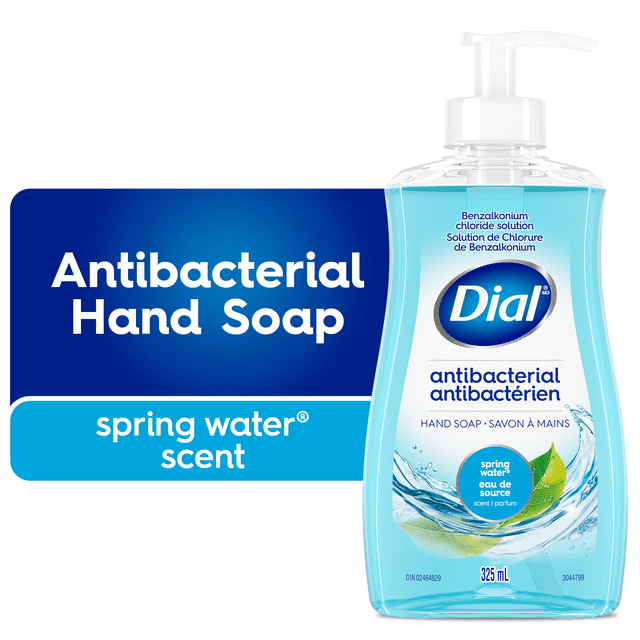 Dial Antibacterial Liquid Hand Soap, Spring Water Scent, 325ml clear pump bottle with light blue liquid, dermatologist tested and pH balanced formula free from parabens and silicones, providing gentle antibacterial hand cleansing with a fresh spring water fragrance.
