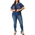 thumbnail image 2 of Agnes Orinda Women's Plus Size School College Denim Jacket Short Sleeves Button Down Cropped Jean Jackets L Blue, 2 of 8