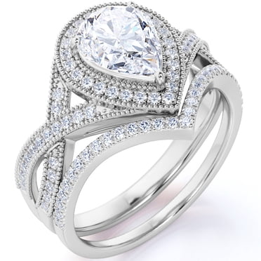 JeenMata 1.5 Carat Pear Cut Moissanite Wedding Set - Bridal Set - Art Deco Ring - Halo Ring - Cluster Ring - 18k White Gold Plating for Women