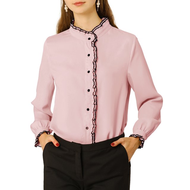 INSPIRE CHIC Women's Office Button Down Ruffle Stand Collar Long Sleeve Work Shirts