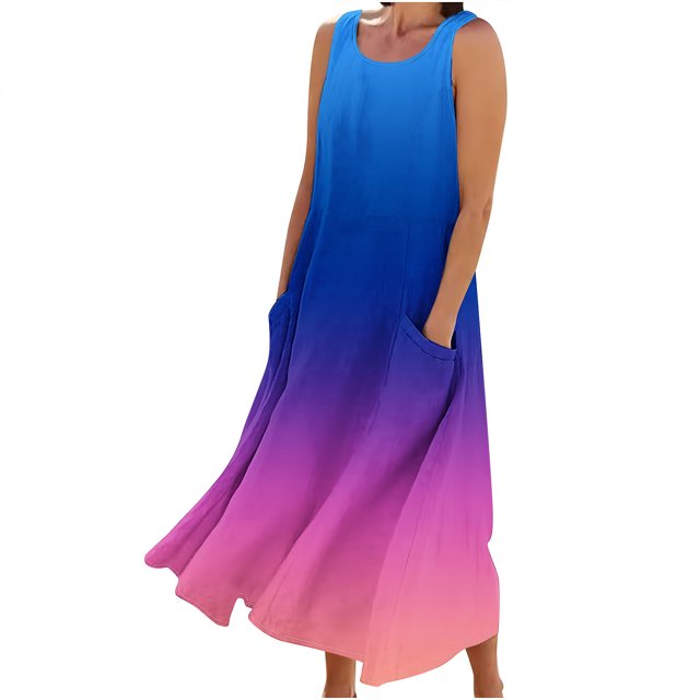 FAIWAD Robes d'Été Grande Taille pour Femmes 2024 Sans Manches Décontractées Robe Maxi Dégradé Boho Plage Robe Débardeur