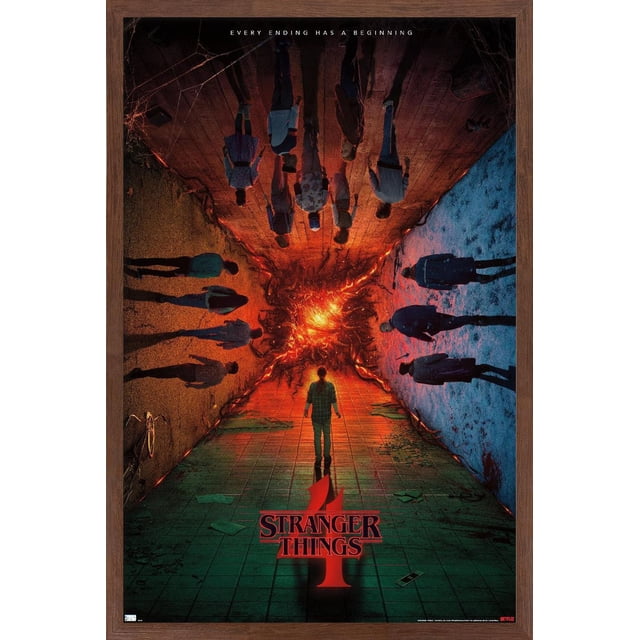 Netflix Stranger Things: Season 4 - Group Teaser One Sheet Wall Poster, 22.375" x 34", shows a front-facing view of characters standing in a corridor with a fiery glowing rift at the center. The poster features a tiled floor with scattered papers, contrasting earthy brown and icy blue walls, and shadows cast by the figures. The red Stranger Things 4 logo is centered near the bottom. This glossy, high-resolution wall art is lightweight and easy to hang with adhesive mounts, suitable for bedrooms, offices, or dorm rooms.