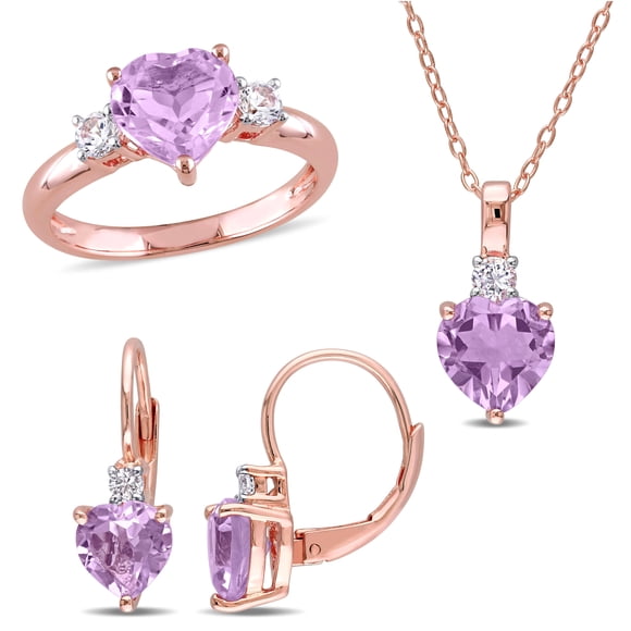 Miabella Women's 5-4/5 Carat T.G.W. Heart-Cut Rose de France and Created White Sapphire Rose Gold Flash Plated Sterling Silver Heart Earrings, Pendant, and Ring Set