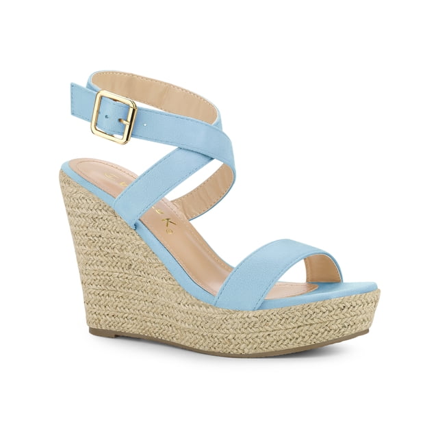 BLISSFUL STEP Chaussures pour Femmes Sandales Espadrilles à Talon Compensé Slingback à Brides Croisées Bleu Ciel 10