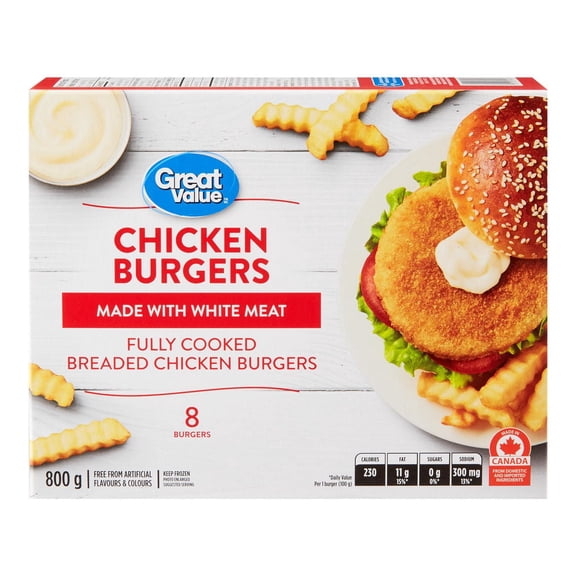 Burgers de poulet Great Value 8 hamburgers, 800 g