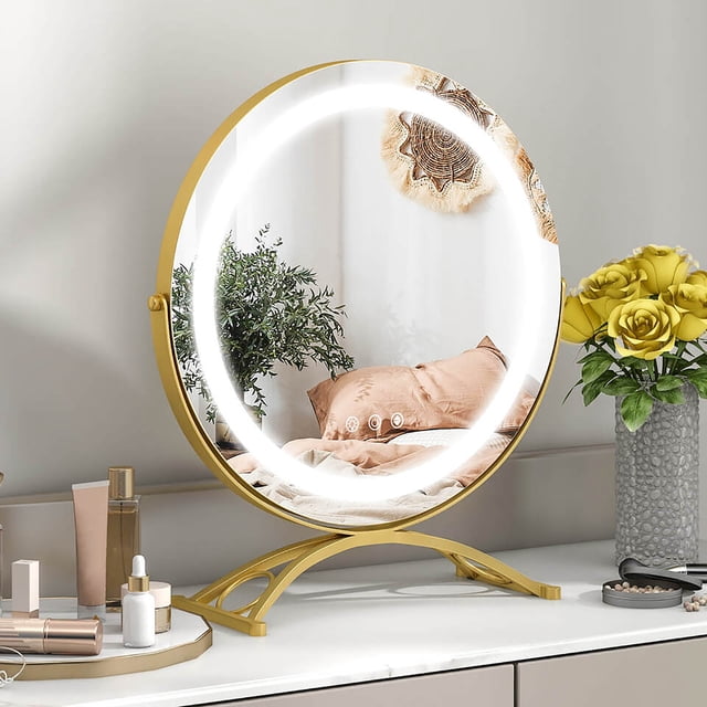 Gymax Miroir de Maquillage Rond de 16 Pieds' pour Coiffeuse avec Fini Doré, Doté de Lumières DEL à Intensité Réglable en Trois modes de Couleur et d'Une Fonction Mémoire. le Miroir Est Monté sur une base Métallique Courbée avec Patins Antidérapants, Offrant une Stabilité et une protection de la Table. Comprend des Commandes Tactiles Intelligentes et une rotation à 360° pour une application de Maquillage Précise. Utilisé Souvent comme accent Décoratif pour les tables de Coiffeuse, Améliorant l'Esthétique des Espaces de Beauté.