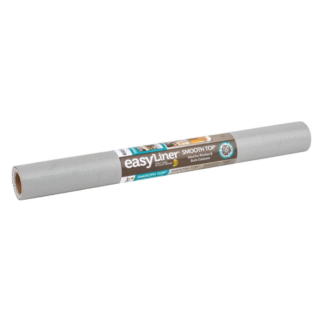 Smooth Top EasyLiner Brand Shelf Liner in gray, 20 in. x 6 ft., rolled with a smooth top surface and non-adhesive grip bottom to keep it in place, suitable for kitchen, bath, and laundry cabinets, also often used to protect shelves from spills and scratches.