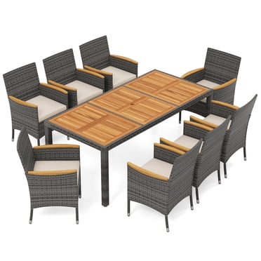 Costway Ensemble de Salle à Manger d'Extérieur en Osier de 9 Pcs avec Table en Bois d'Acacia et 8 Fauteuils