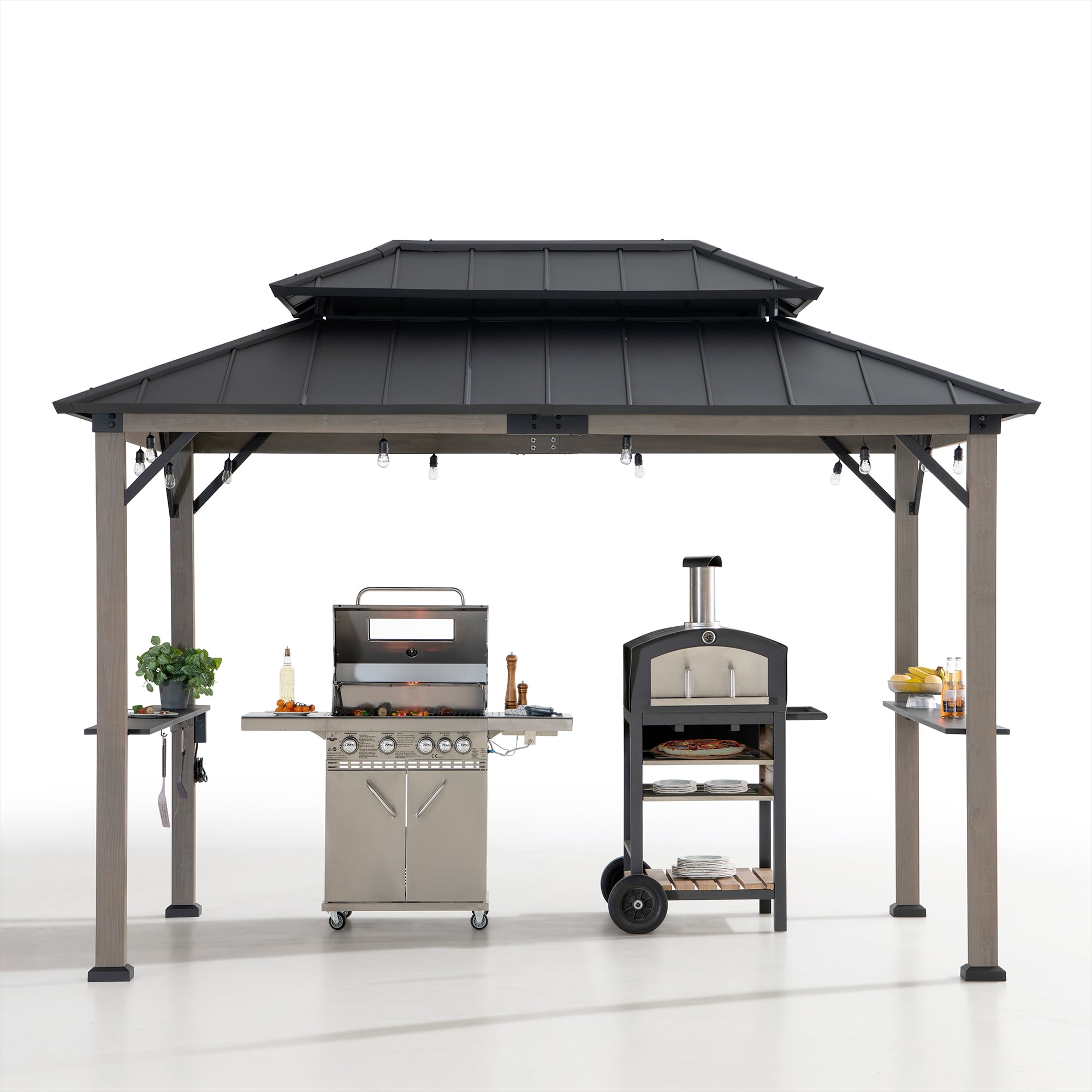 Sunjoy Tonnelle Gazebo en Bois avec Barbecue Intégré, 2.4 x 3.7 m, toit Rigide en Acier, pour des Grillades toute L'année