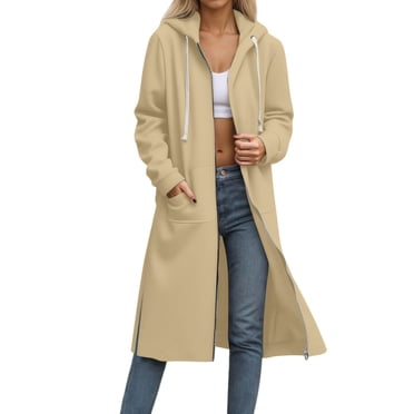 VINUSLI Womens Long Zip Up Hoodies Oversized Long Sleeve Tunic Sweatshirts Fall Winter Drawstring Solid Outwear Hoodie Jacket Coat with Pocket Beige,XXL