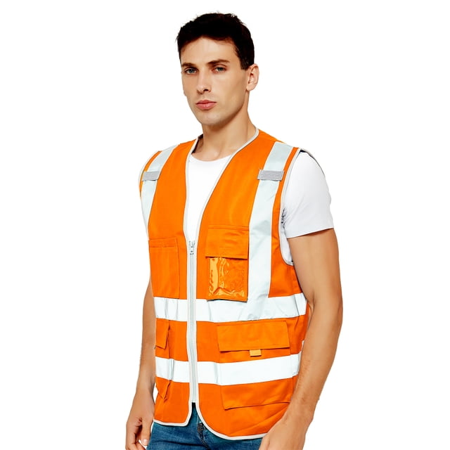 TOPTIE Class 2 High Visibility Zipper Front Safety Vest 9 Pockets and Reflective Strips Meets ANSI/ISEA Standards