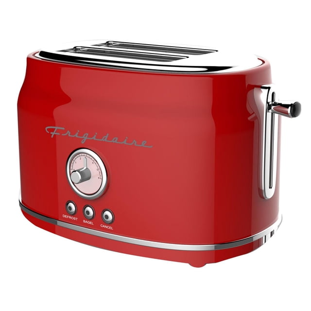 Frigidaire 2-Slice Retro Toaster in red with a curved retro design, front dial for adjustable browning control, defrost, bagel, and cancel buttons, and a chrome lever, toasting two slices simultaneously with a crumb tray for easy cleaning, ideal for retro-style kitchens.