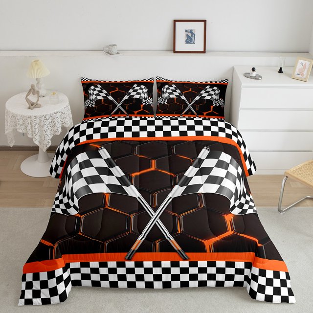 Erosebridal Sport Racing Checkered Bedding Toddler Comforter Set, Orange Down Comforter, Chic Honeycomb Decor, Ultra Soft 2pcs