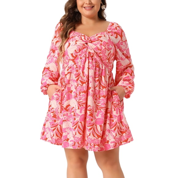 GRACE & GRANDEUR Plus Size Floral Dresses for Women Sweetheart Neckline Puff Long Sleeve Chiffon a Line Midi Dress Pink 4X