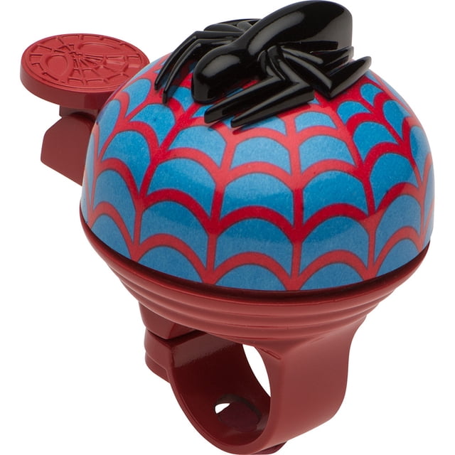 Bell Sports Spider-Man Super Classic Bike Bell Blue with a red and blue dome featuring a spider web pattern and a black 3D spider on top, mounted on a red clamp that fits most bikes, trikes, and scooters, providing a loud, clear ring to alert others.