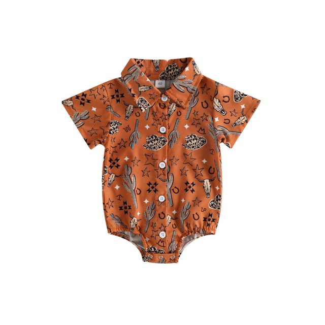 Fortune Infant Boy Cow Print Romper Baby Short Sleeve Button Up Shirt Bodysuit