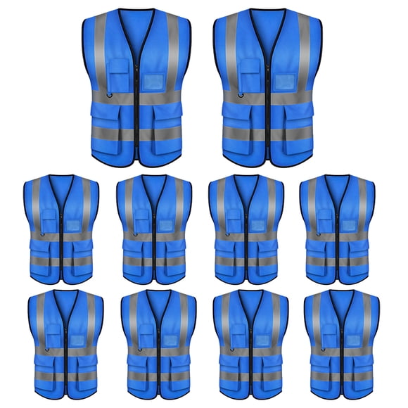 GOGO 5 Pockets High Visibility Zipper Front Safety Vest with Reflective Strips Uniform Vest, Pack of 10-Blue-L