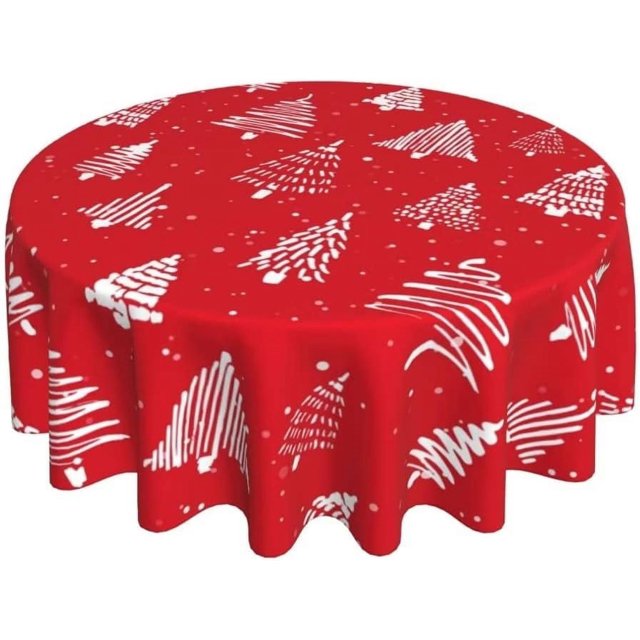 Merry Christmas Tablecloth 60 Inch Round, Red Christmas Tree Table Cloth, Winter Xmas Tablecloths Polyester Washable Fabric Farmhouse Decorative for Holiday Home Kitchen Dining Party
