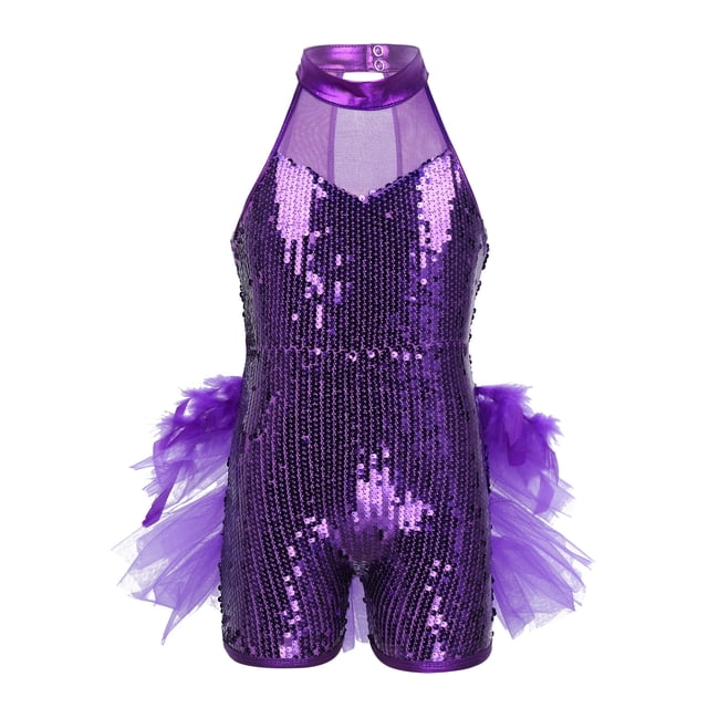 Linjinx Robe Tutu de Danse Ballet à Sequins Brillants pour Filles, Costume de Performance Jazz Latin Moderne Violet 10