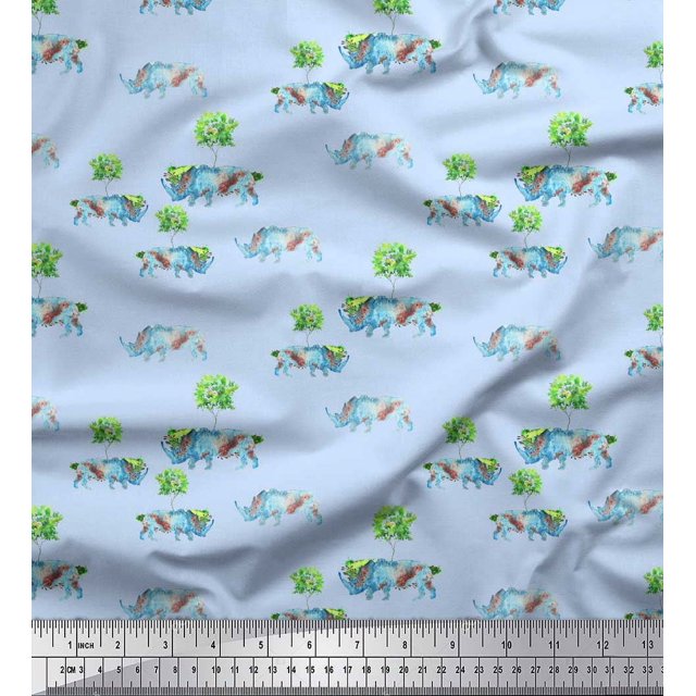 Soimoi Blue Velvet Fabric Tree & Rhinoceros Animal Print Fabric by the Yard 58 Inch Wide