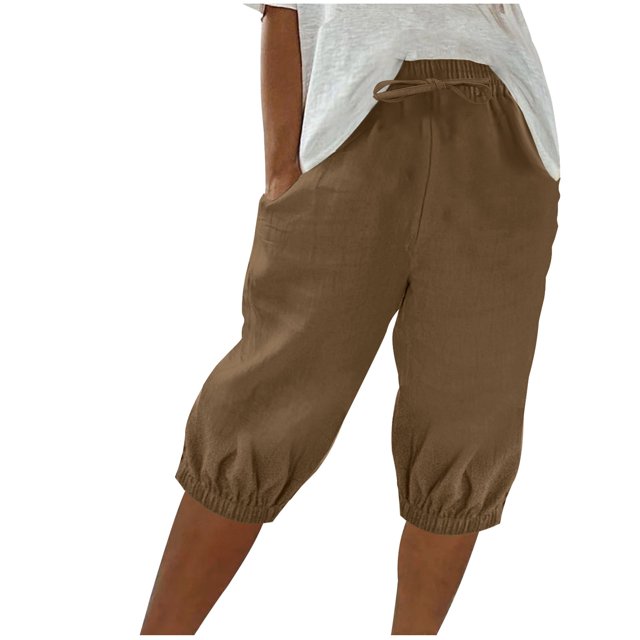 Timegard Shorts pour Femmes, Taille Haute Élastique, Cordon de Serrage, Bas Resserré, Shorts Mi-Cuisse Décontractés avec Poches