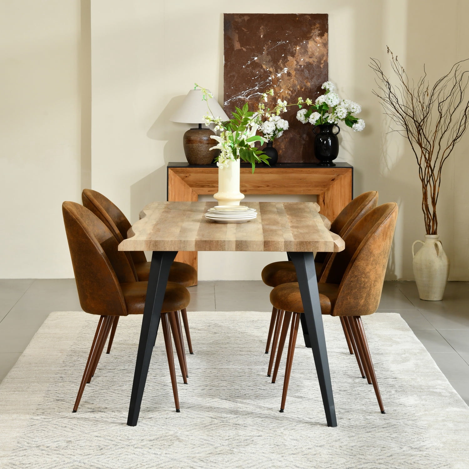 Homy Casa 5-Piece Dining Set, Walnut Wooden Kitchen Table with 4 Upholstered High-Back Brown Faux Suede Dining Chairs, Contemporary Live Edge Design