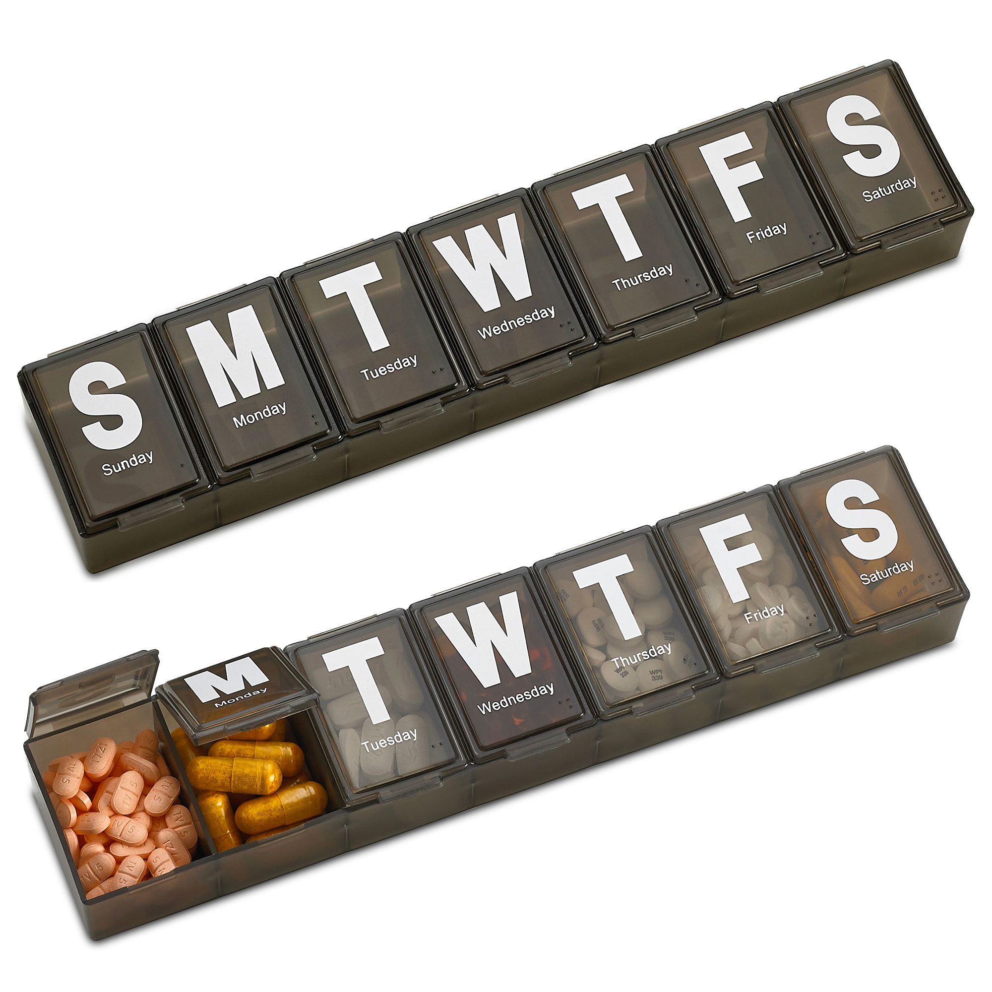 (2 Pack) MEDca 7-Day Extra Large Plastic Pill Organizer, Weekly Pill Planner, BPA-Free, Black