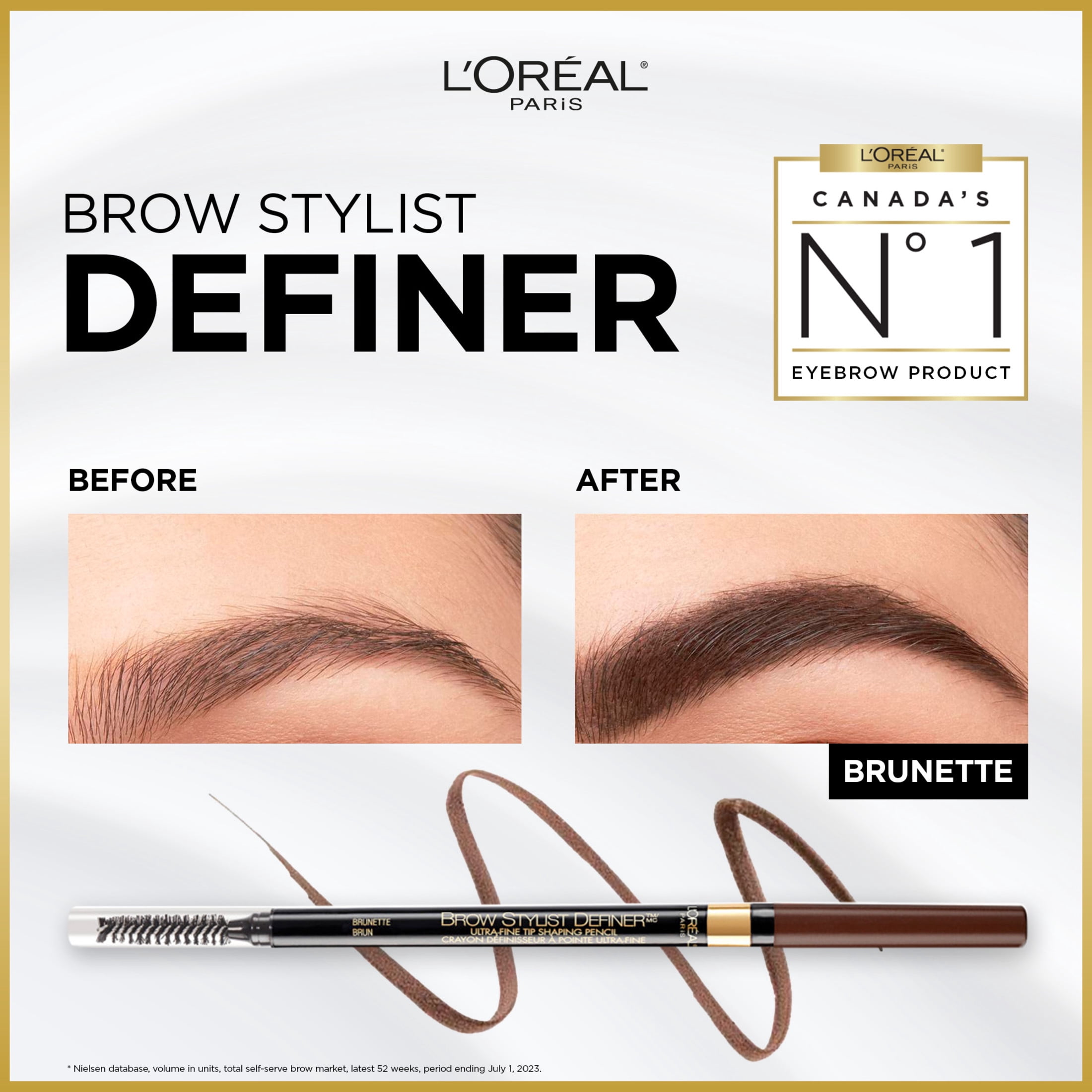 L’Oréal Paris Cosmétiques Crayon à Sourcils Brow Stylist Definer, Pointe ultra-fine de 0,5 mm pour des sourcils bien définis sans espaces, Brunette ,90 mg