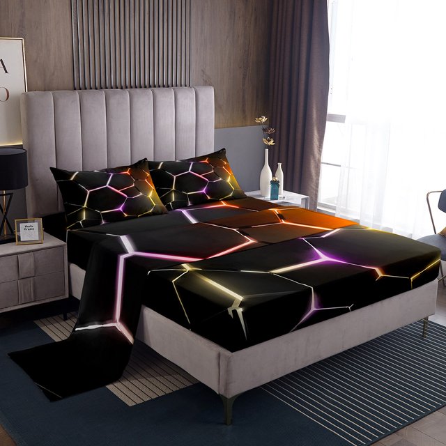 Erosebridal Abstract Ombre Full Sheet Sets, Futuristic Striped Bedding Full Size, Geometry Honeycomb Decor,