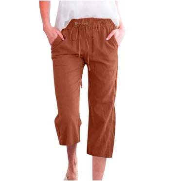 lcziwo Women Capri Pants for Summer Linen Capris for Women 2024 Lightweight High Waisted Cropped Pants Casual Loose Wide Leg Trousers with Pockets Coffee,L