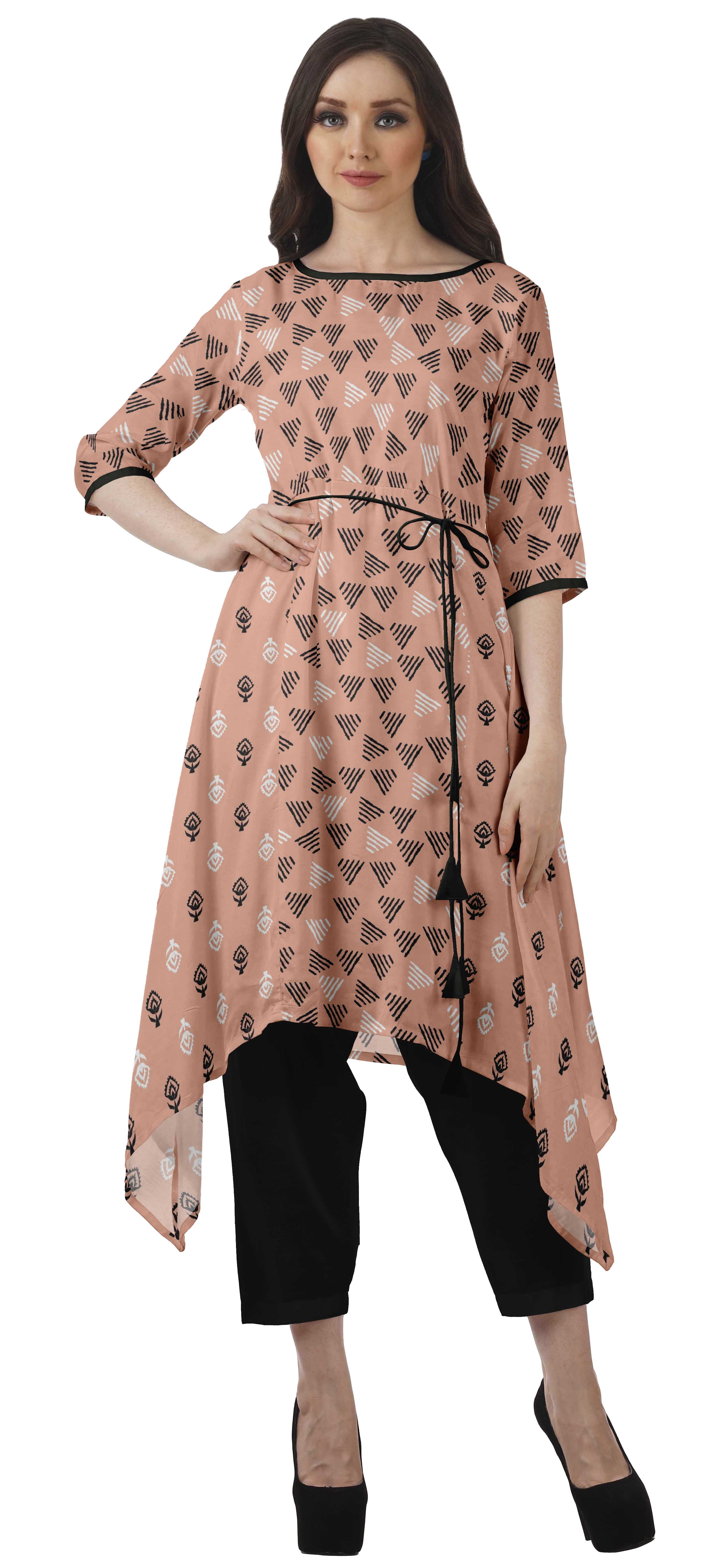 Moomaya Printed Kurti Kurta Pant Set Boat Neck WoMen's Asymmetric Ethnic Wear