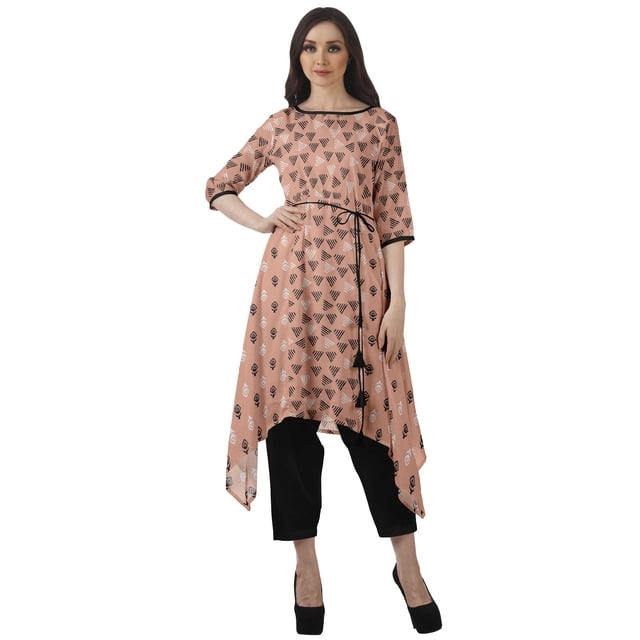 Moomaya Asymmetric Kurti With Pant Indian Tunic Tops Printed Kurti Set For Women