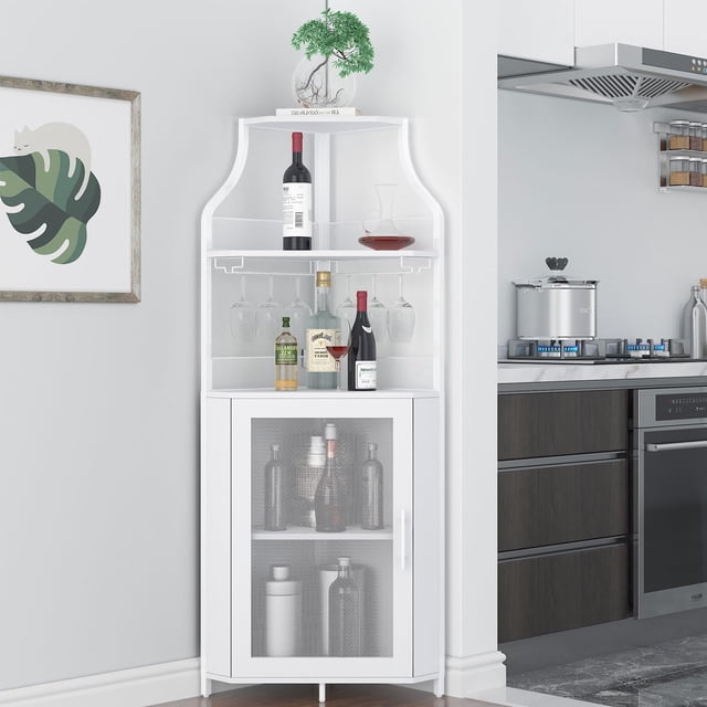 Armoire de Bar d'Angle, Armoire à Vin Moderne avec Tablettes de Rangement et Porte en Treillis, Armoire de Rangement pour Alcools de Bar à Domicile avec Support en Verre pour Salon, Salle à Manger