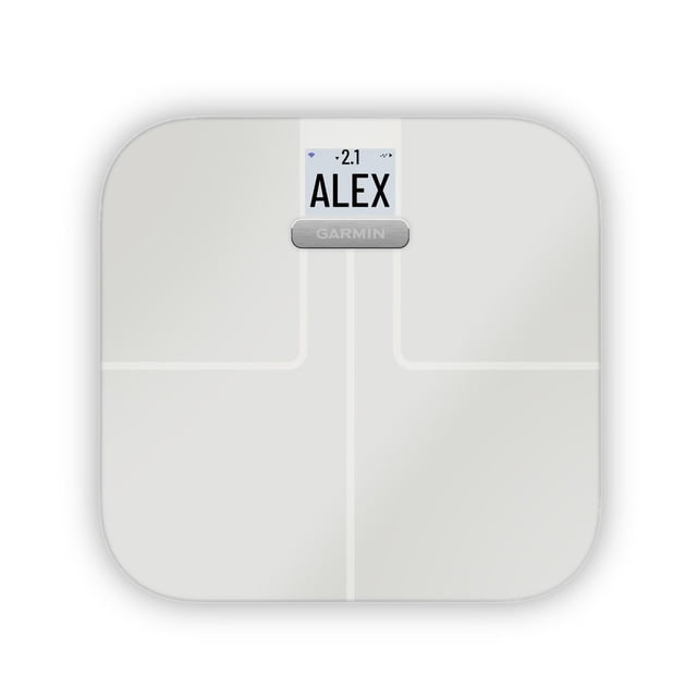 Garmin Index S2 Smart Scale with Wi-Fi Connectivity for North America, top-down view of a white square smart scale with rounded edges and subtle grid lines, featuring a high-resolution color display showing the name 'ALEX' and weight '2.1', a silver Garmin logo below, designed for tracking body composition and health metrics with Wi-Fi syncing.