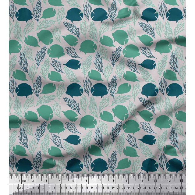 Soimoi polyester Crepe Fabric Coral & Fish Ocean Print Fabric by the Yard 42 Inch Wide