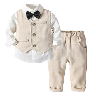 Splozh Ensemble de Vêtements pour Bébé Garçon, Ensemble de Vêtements pour Tout-Petit Garçon, T-Shirt à Manches Longues, Hauts, Imprimés Rayés, Gilet, Manteau, Pantalon, Enfant, Tenue de Petit Gentleman, Blanc, 6-12 Mois