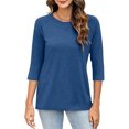 thumbnail image 3 of Olyvenn Femmes 2025 T-Shirt à Manches 3/4 Hauts Couleur Unie Été Printemps Mode Col Ras du Cou Blouse Tee Tendance Vêtements Femme Bleu P, 3 of 6
