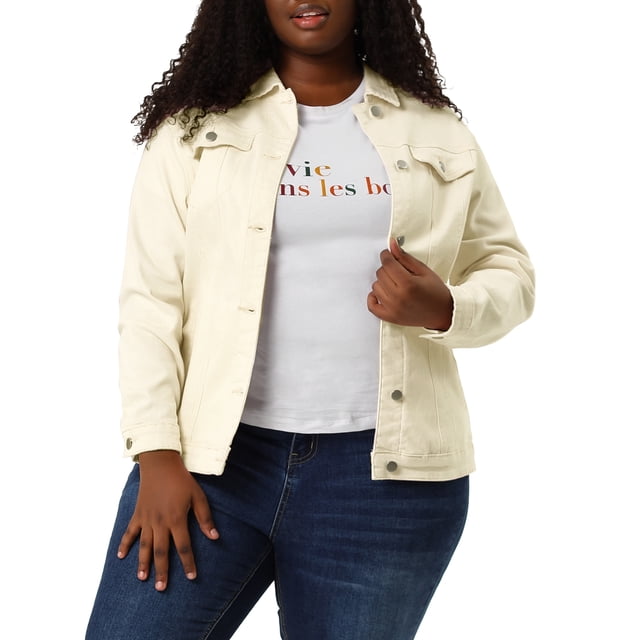Agnes Orinda Women's Plus Size Jean Jacket Stitching Button Washed Denim Outerwear Coat L Light Beige