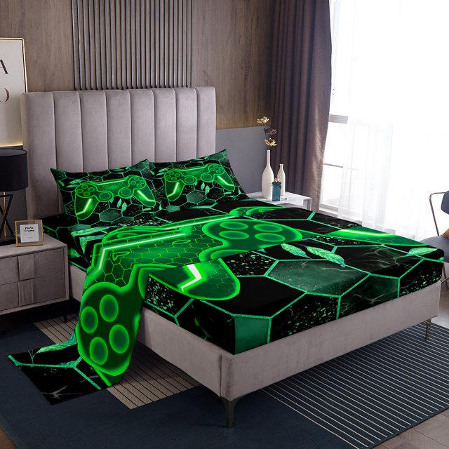 Erosebridal Game Player King Sheet Sets, Green Gamepad Bedding King Size, Checkered Abstract Decor