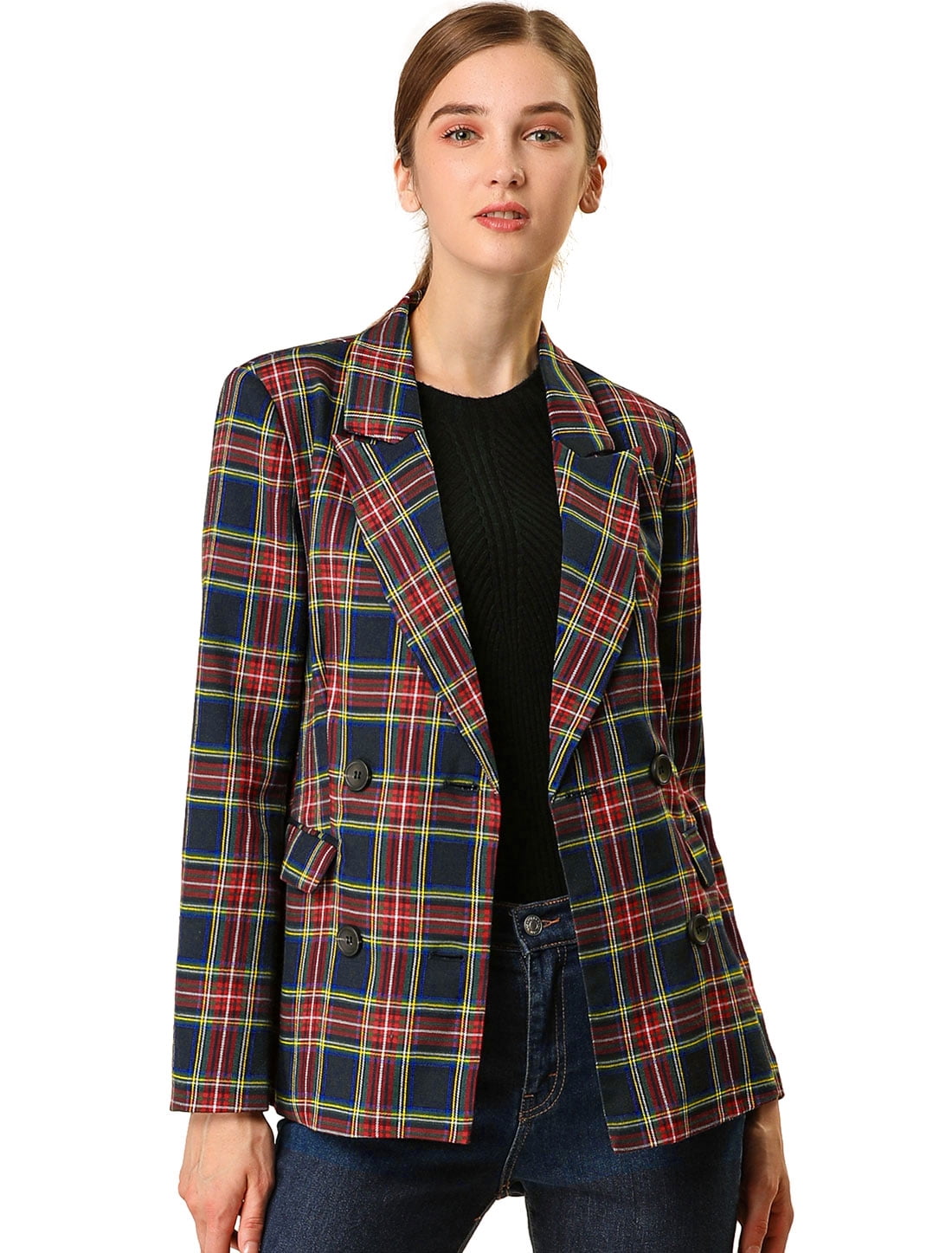 INSPIRE CHIC Women's Notched Lapel Double Breasted Plaid Blazer Jacket