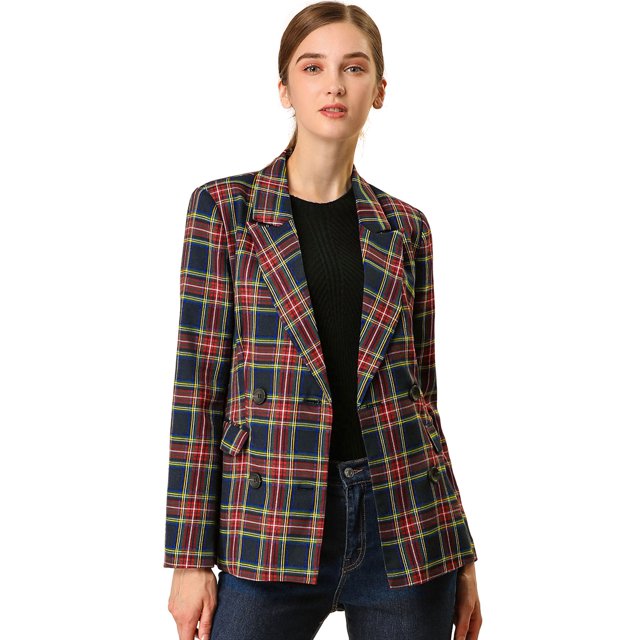 INSPIRE CHIC Blazer à Carreaux à Revers Cranté à Double Boutonnage pour Femme
