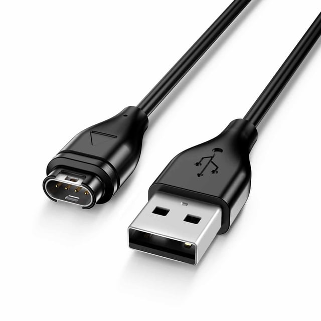 Smartwatch Charging Cable Replacement Garmin Charger Cable USB Charging Cable featuring a black TPE material with a USB-A connector on one end and a proprietary Garmin-compatible connector on the other. Designed for compatibility with Garmin Vivoactive 3, Fenix 5 series, Forerunner 245, 935, 645, and Approach S60 smartwatches. The cable measures 3.3 feet (1 meter) in length and ensures fast, stable, and safe charging with overcurrent protection. Ideal for replacing lost or damaged cables.